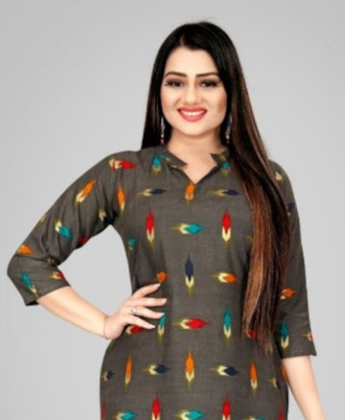 Grey Foil Printed Straight Cut Rayon Kurti