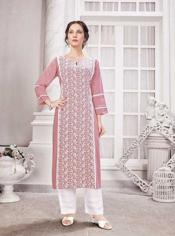 Baked Pink Rayon Lakhnavi Kurti with White Pants